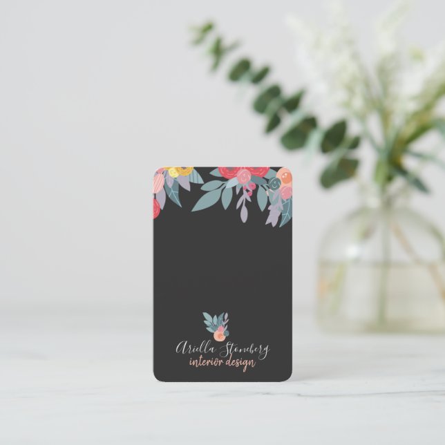 Whimsical Painted Bloom | Floral On Black Business Card (Standing Front)