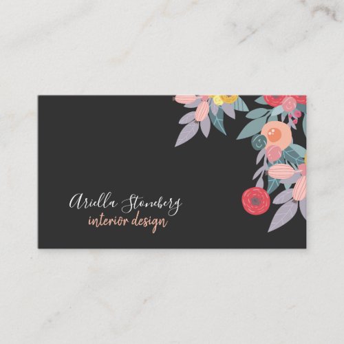 Whimsical Painted Bloom  Floral On Black Square B Business Card