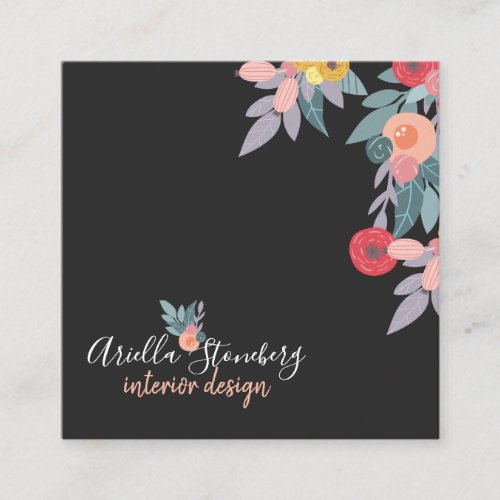 Whimsical Painted Bloom  Floral On Black Square Business Card