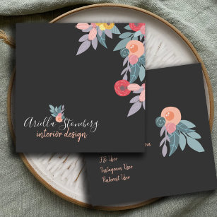 Whimsical Painted Bloom   Floral On Black Square Business Card