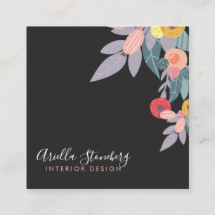 Whimsical Painted Bloom   Floral On Black Square Business Card