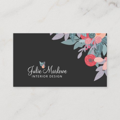 Whimsical Painted Floral On Black  Business Card