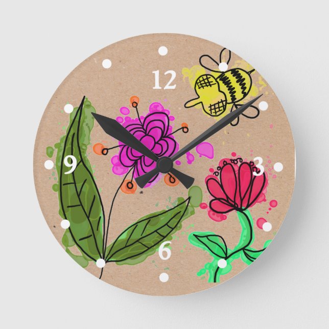 Whimsical Painted Flowers and Bee Clock (Front)