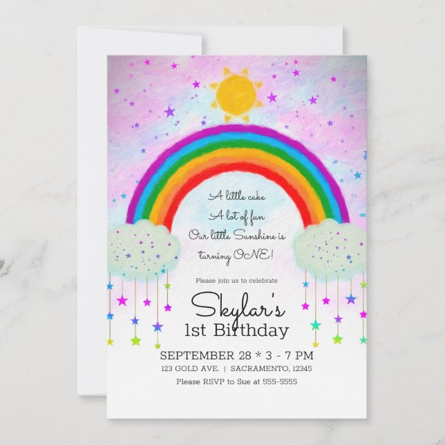 Whimsical Painted Rainbow & Stars 1st 1 Birthday Invitation (Front)