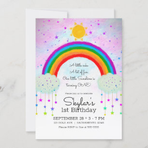 Whimsical Painted Rainbow & Stars 1st 1 Birthday Invitation