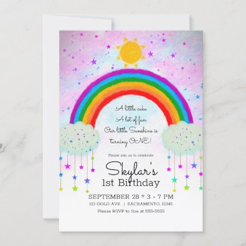 Whimsical Painted Rainbow  Stars 1st 1 Birthday Invitation