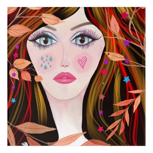 Whimsical Painting Girl Large Eyes Star Leaf Acrylic Print