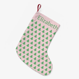 Whimsical Pale Pink and Green Christmas Tree Name Small Christmas Stocking