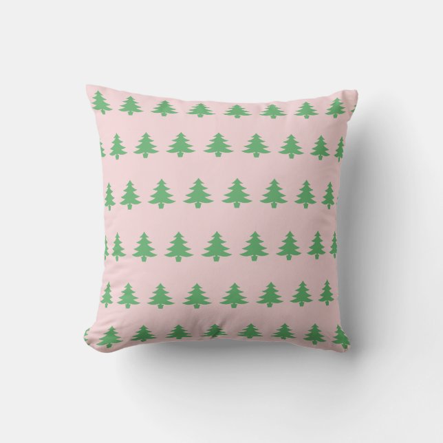 Whimsical Pale Pink and Green Christmas Trees Throw Pillow (Front)