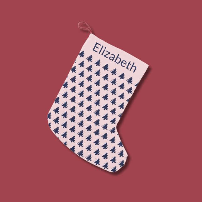 Whimsical Pale Pink Dark Blue Christmas Trees Name Small Christmas Stocking (Creator Uploaded)