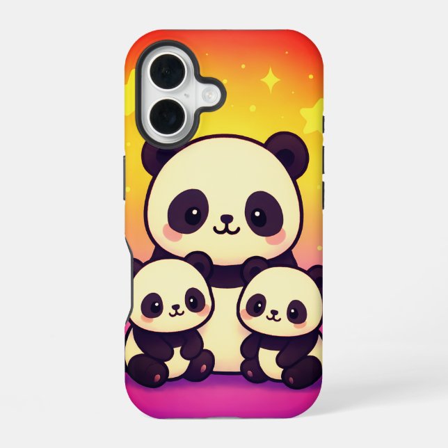 Whimsical Panda Trio in Gradient Dreamscape iPhone Case (Back)