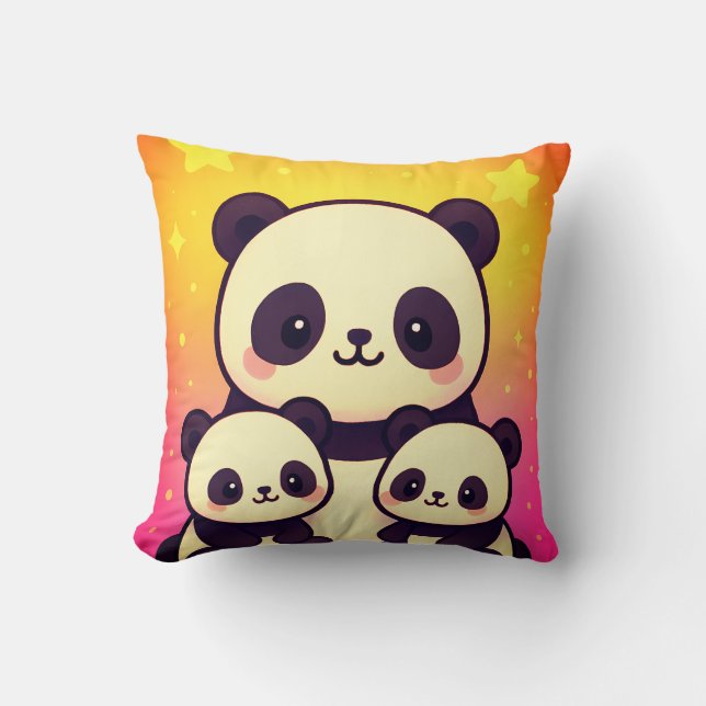 Whimsical Panda Trio in Gradient Dreamscape Throw Pillow (Front)
