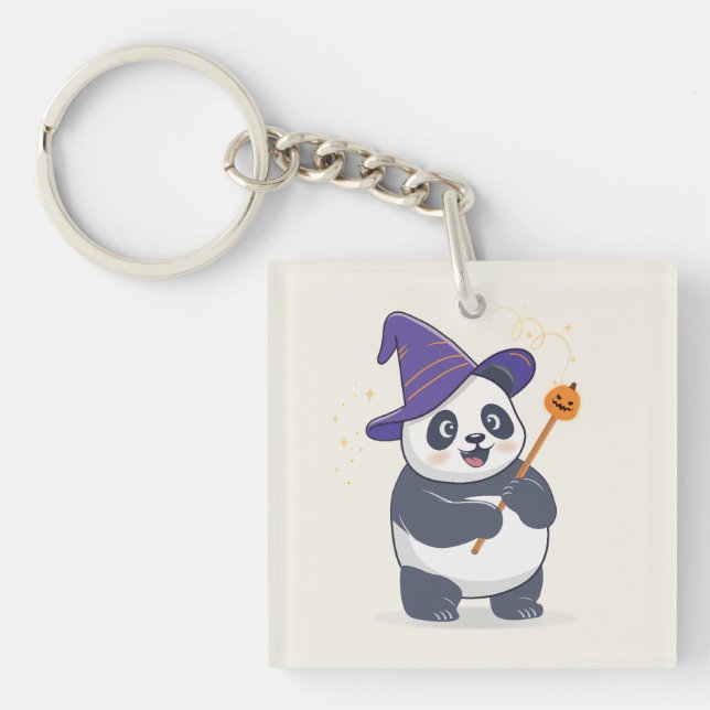 Whimsical Panda Wizard with Magic Hat Keychain (Front)