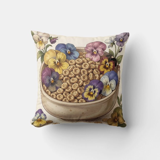 Whimsical Pansy Flower Cereal Bowl Throw Pillow (Front)
