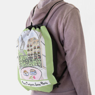 Whimsical Paris and Eiffel Tower ALWAYS PARIS Drawstring Bag
