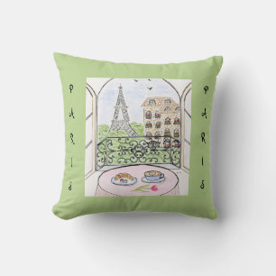 Whimsical Paris and Eiffel Tower Throw Pillow