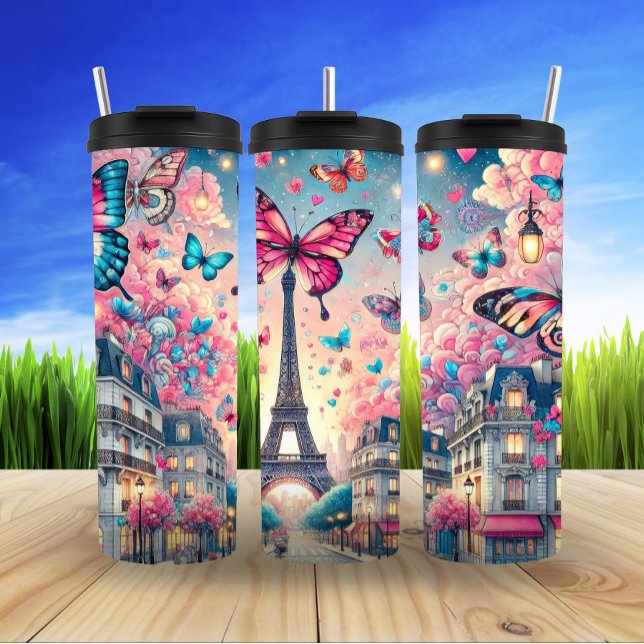 Whimsical Paris Dreamscape with Butterflies Thermal Tumbler (Creator Uploaded)