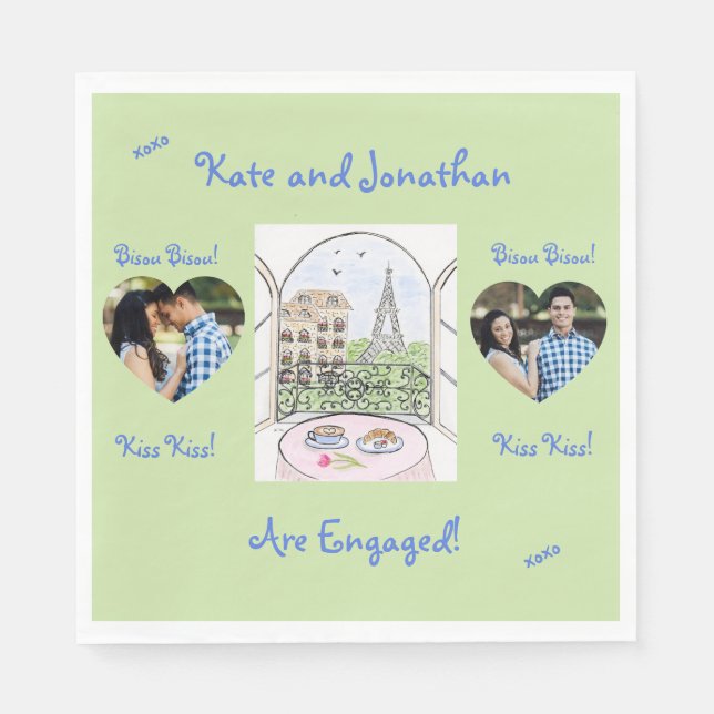 Whimsical Paris Eiffel Tower Bisou Kiss PHOTO Napkins (Front)