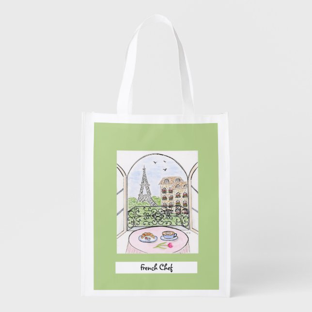 Whimsical Paris Eiffel Tower French Chef Grocery Bag (Front)
