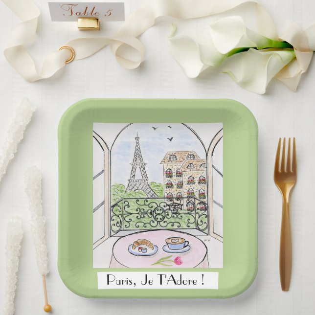 Whimsical Paris Eiffel Tower I Adore You! Paper Plates (Wedding)