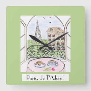 Whimsical Paris Eiffel Tower I Adore You! Square Wall Clock