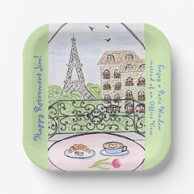 Whimsical Paris Eiffel Tower RETIREMENT Paper Plates (Front)