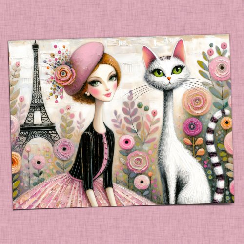 Whimsical Parisian Lady with Slender White Cat Postcard