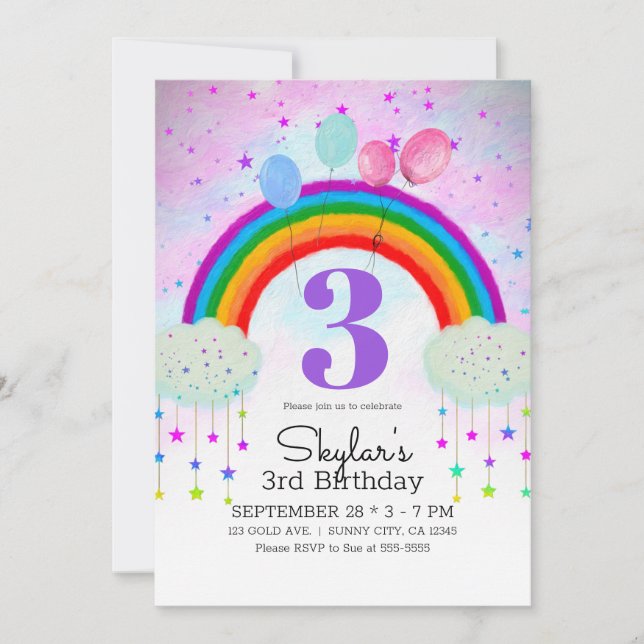Whimsical Party Balloons Rainbow Stars Birthday Invitation (Front)