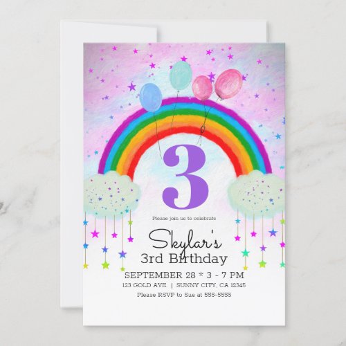 Whimsical Party Balloons Rainbow Stars Birthday Invitation