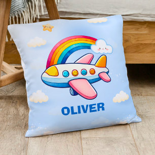 Whimsical Passanger Airplane with Rainbow Throw Pillow