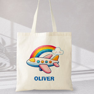 Whimsical Passanger Airplane with Rainbow Tote Bag