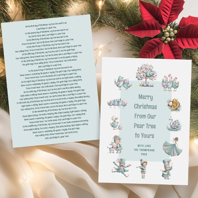 Whimsical Pastel 12 Days of Christmas Lyrics Photo Holiday Card (Front and back view)