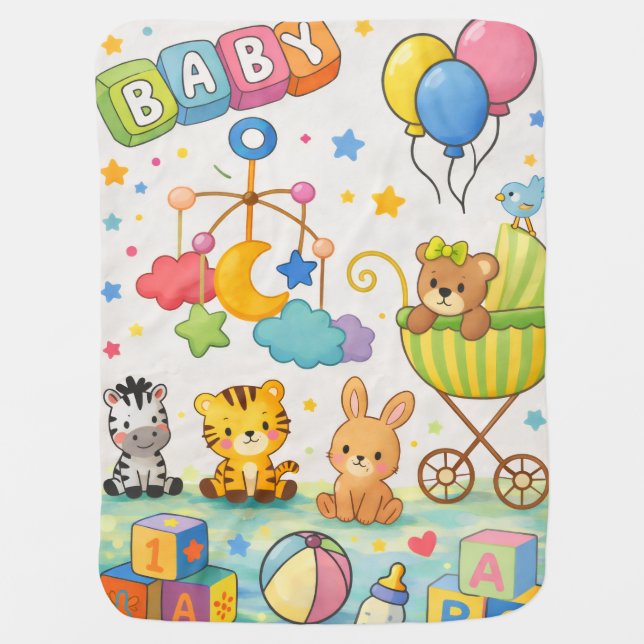 Whimsical Pastel Baby Animals Blanket (Front)