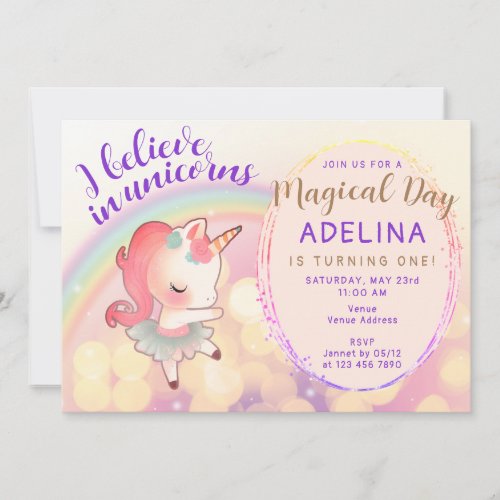 Whimsical Pastel Believe In Unicorns 1st Birthday Invitation