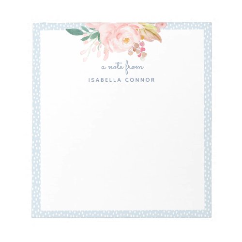 Whimsical Pastel Blue Dots Frame Watercolor Rose Notepad
