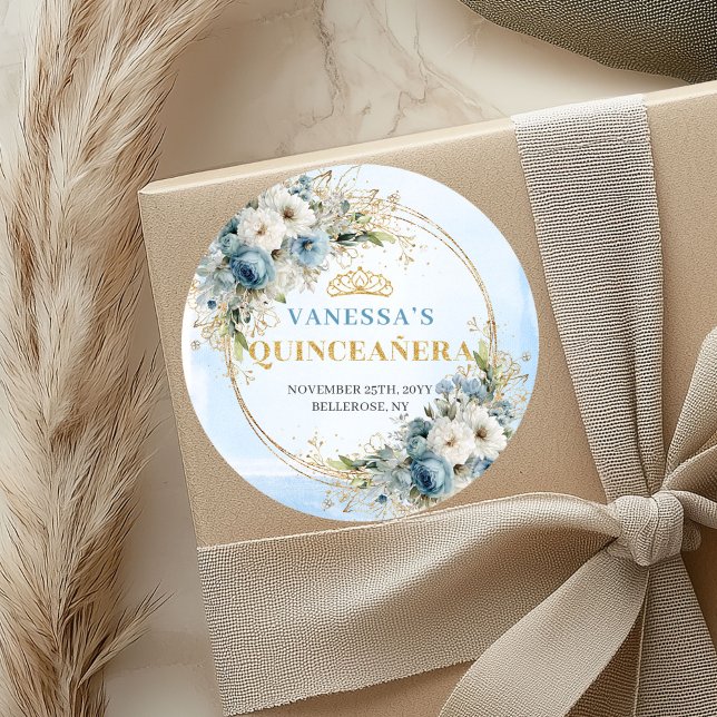 Whimsical Pastel Blue Gold Eucalyptus Quinceañera  Classic Round Sticker (Whimsical Pastel Blue Gold Eucalyptus Quinceañera Sticker

)
