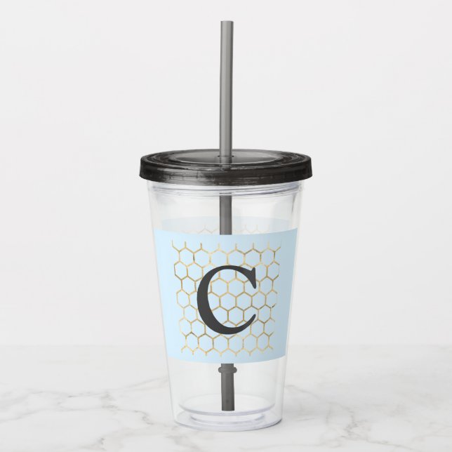 Whimsical Pastel Blue Hexagon Modern Monogram Acrylic Tumbler (Front)