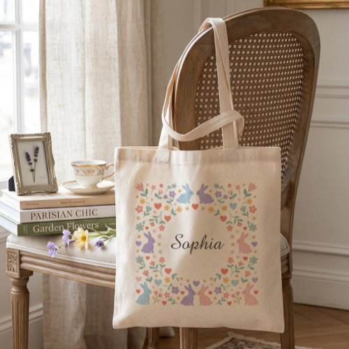 Whimsical Pastel Bunny Floral Wreath Personalized Tote Bag