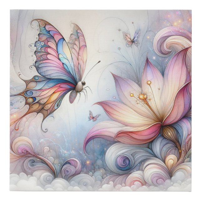 Whimsical Pastel Butterfly Drawing Faux Canvas Print (Front)