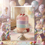 Whimsical Pastel Cake Birthday Card for Sister<br><div class="desc">Celebrate your sister with a card as sweet and magical as she is This charming birthday card features a dreamy pastel layer cake topped with glossy cherries, soft whipped frosting, and sparkling iridescent details. Set against a soft, vintage-inspired background with balloons and warm light, it creates a cozy, whimsical vibe...</div>