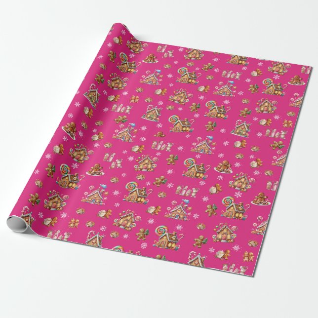 Whimsical Pastel Christmas Ginger Bread patterned Wrapping Paper (Unrolled)