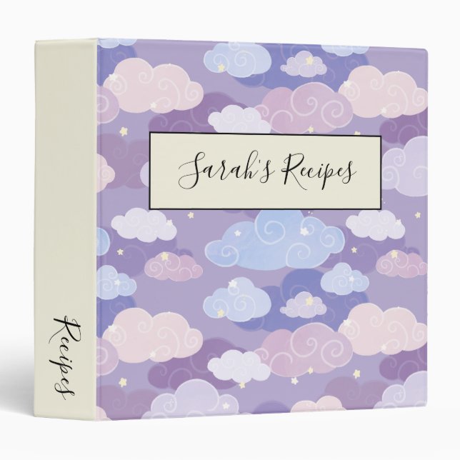 Whimsical Pastel Clouds and Stars Pattern 3 Ring Binder (Front/Spine)
