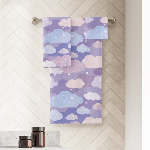 Whimsical Pastel Clouds and Stars Pattern Bath Towel Set
