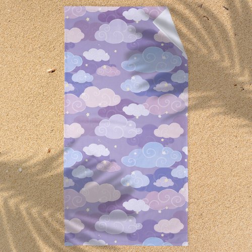 Whimsical Pastel Clouds and Stars Pattern Beach Towel