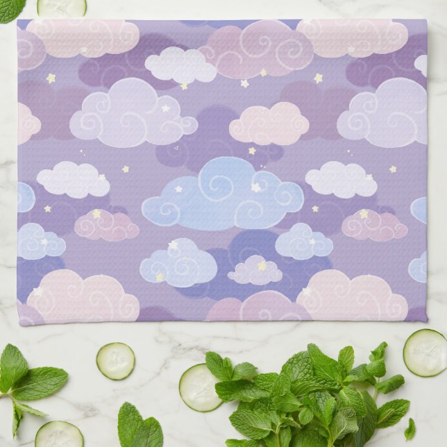 Whimsical Pastel Clouds and Stars Pattern Kitchen Towel (Folded)