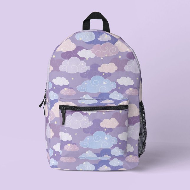Whimsical Pastel Clouds and Stars Pattern Printed Backpack (Purple Whimsical Clouds and Sky Backpack)