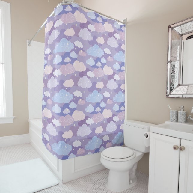 Whimsical Pastel Clouds and Stars Pattern Shower Curtain (In Situ)