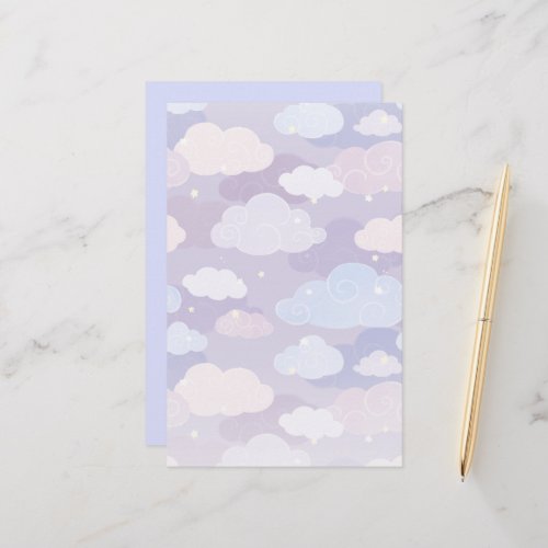 Whimsical Pastel Clouds and Stars Pattern Stationery
