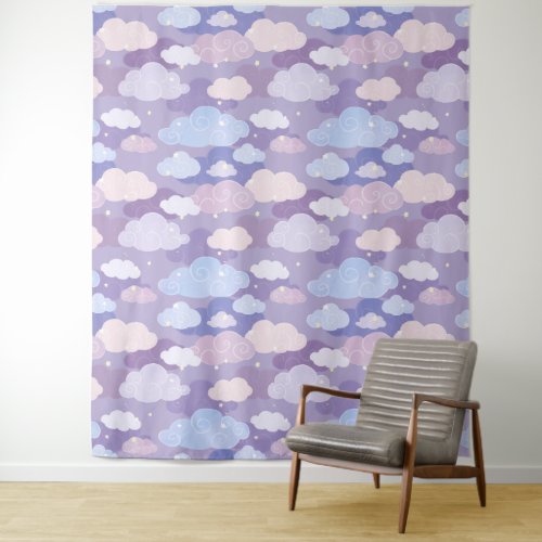 Whimsical Pastel Clouds and Stars Pattern Tapestry