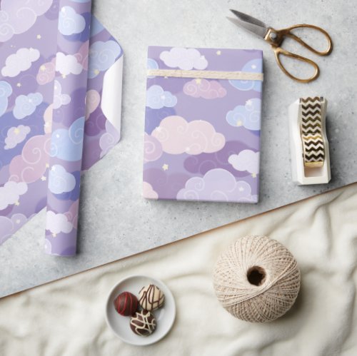 Whimsical Pastel Clouds and Stars Pattern Wrapping Paper